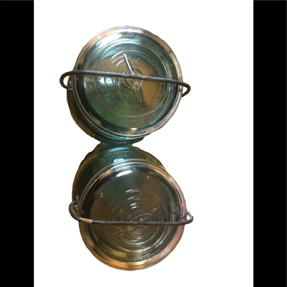 Vintage Ball Ideal Blue Mason Jars Glass Lid Wire Bail Quart Size July 1908